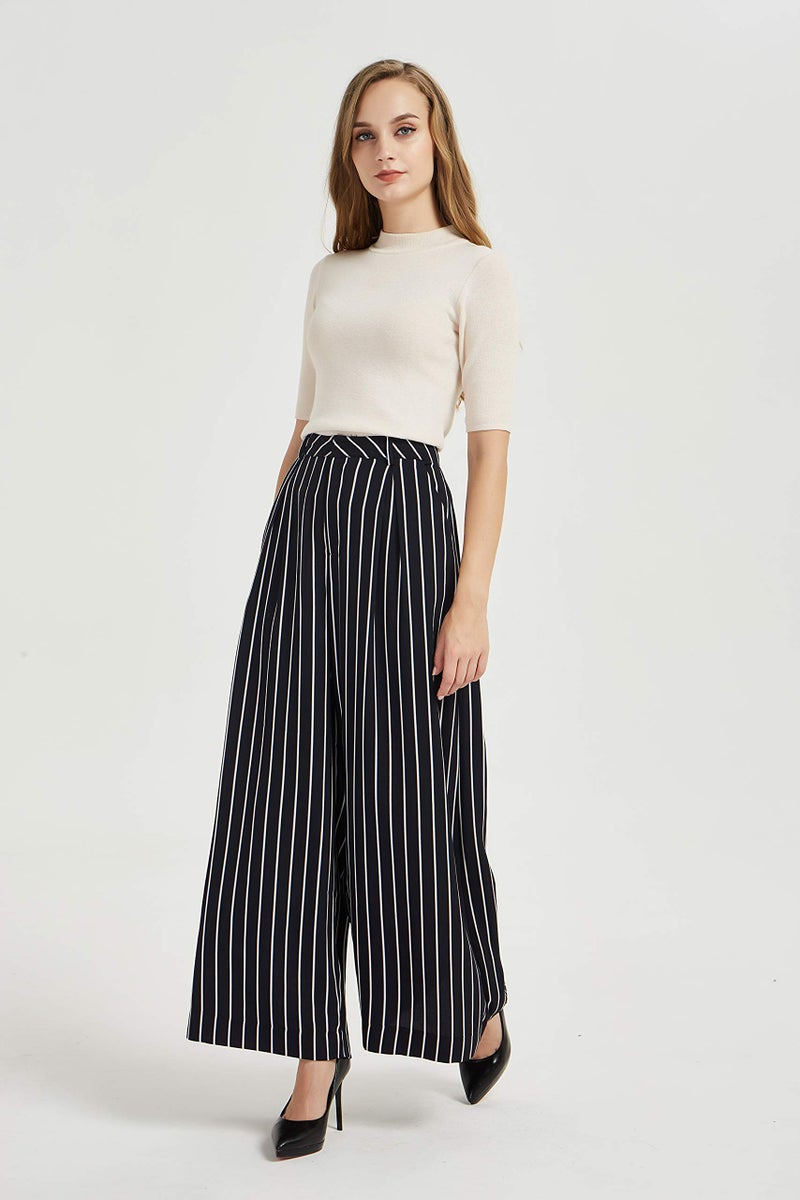 Tronjori Women High Waist Casual Wide Leg Long Palazzo Pants Trousers Regular Size(S,Black White) - Image 2